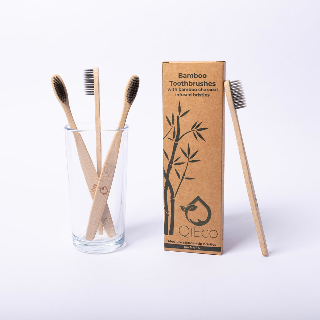 Bamboo Toothbrush with Bamboo Charcoal Infused Slender-Tip Bristles (4 Pack) - QiEco