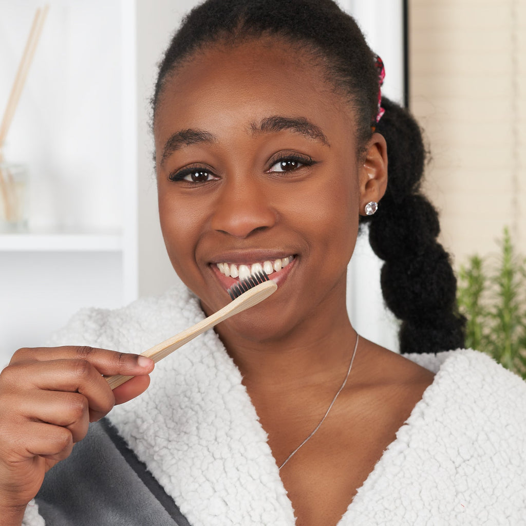 Bamboo Toothbrush with Bamboo Charcoal Infused Slender-Tip Bristles (4 Pack) - QiEco